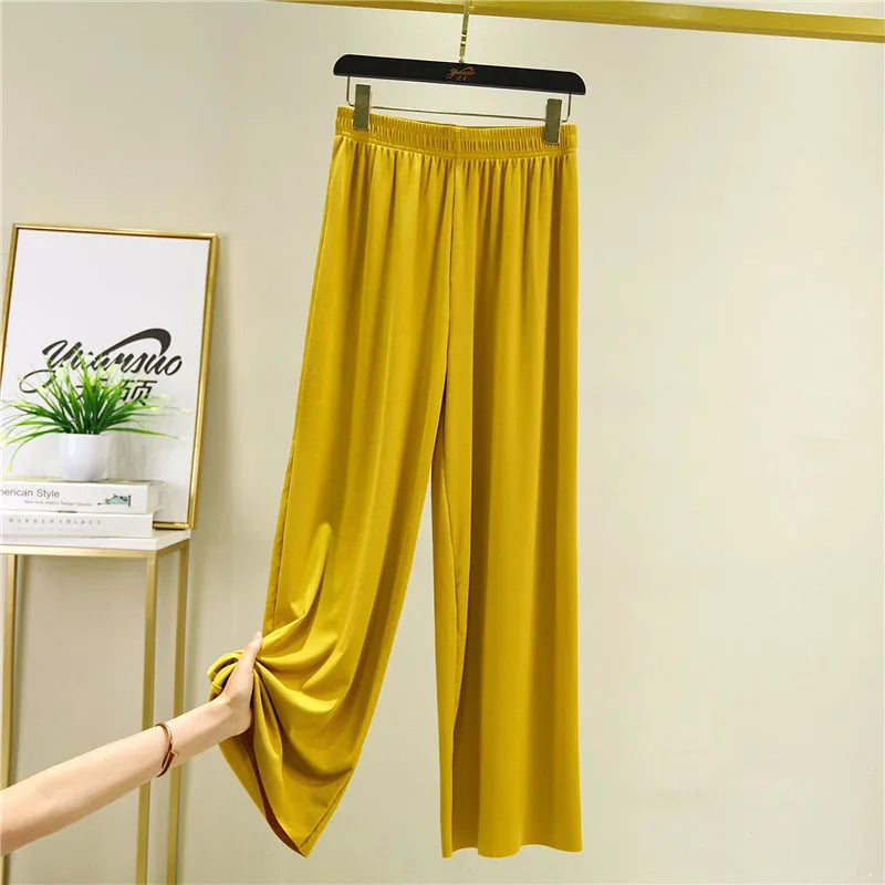 Spring Summer New Ice Silk Large Size Wide Leg Pants Korean Casual Home Pant Solid Color Pajamas Trousers Women Pantalones