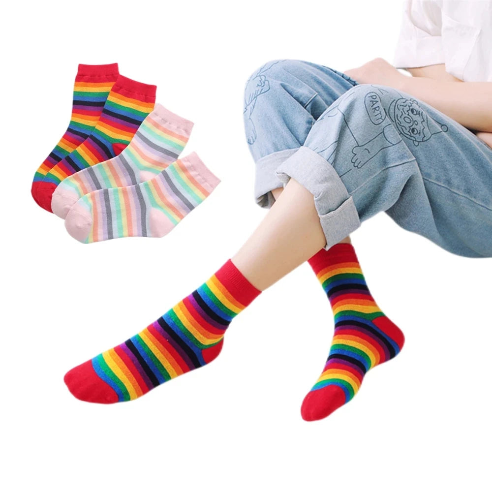 Striped Novelty Socks For Girls Red Pink Rainbow Color Novelty Young Art Funny Hipster Street Dance Gift Dropship