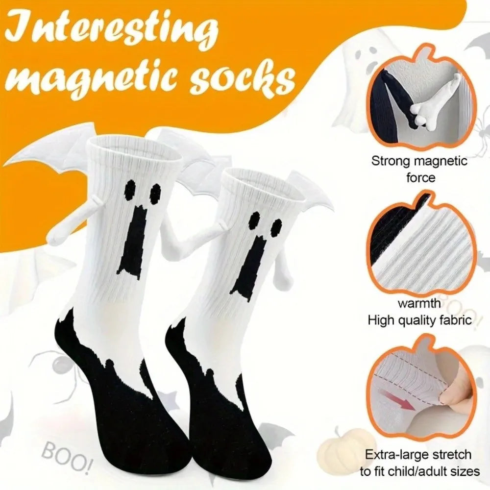 Unique Novelty Halloween Socks Breathable Bat Pattern Magnetic Socks Mid-calf Length Hand-holding Design Couple Socks Cosplay