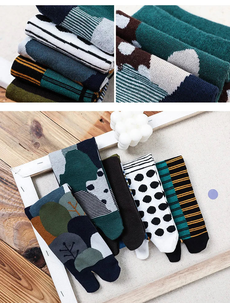 Novelty Tabi Socks Two Toed Sock Japanese Style Cartoon Plants Tree Art Sock Harajuku Cotton Long Two Finger Socks Men Fashions