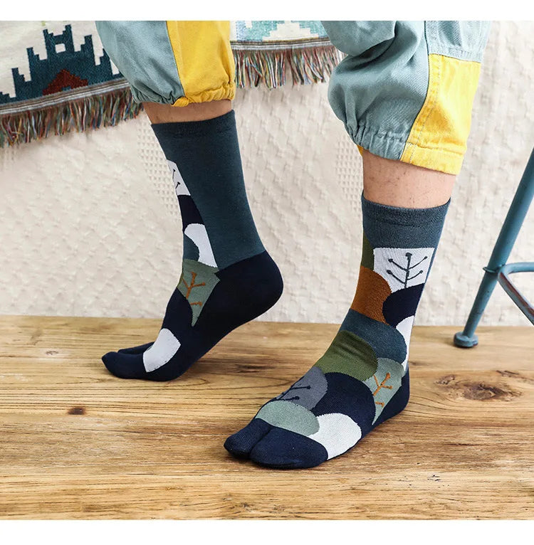 Novelty Tabi Socks Two Toed Sock Japanese Style Cartoon Plants Tree Art Sock Harajuku Cotton Long Two Finger Socks Men Fashions