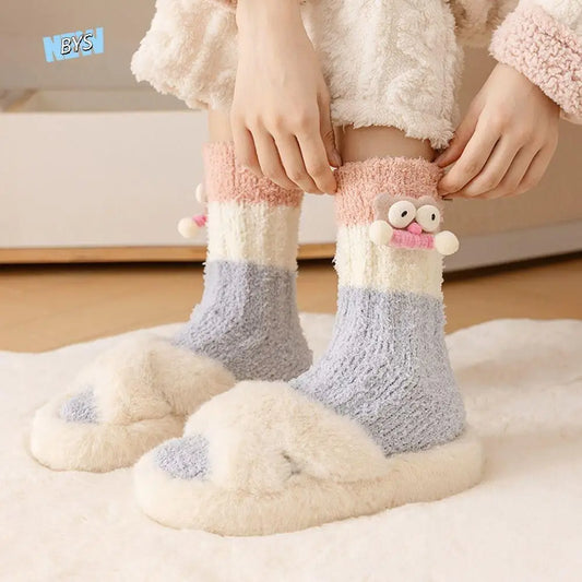 Novelty Thicken Cartoon Plush Socks Non-Slip Indoor Hosiery 3D Eyes Sleeping Socks Home Thermal Warm Socks Gifts