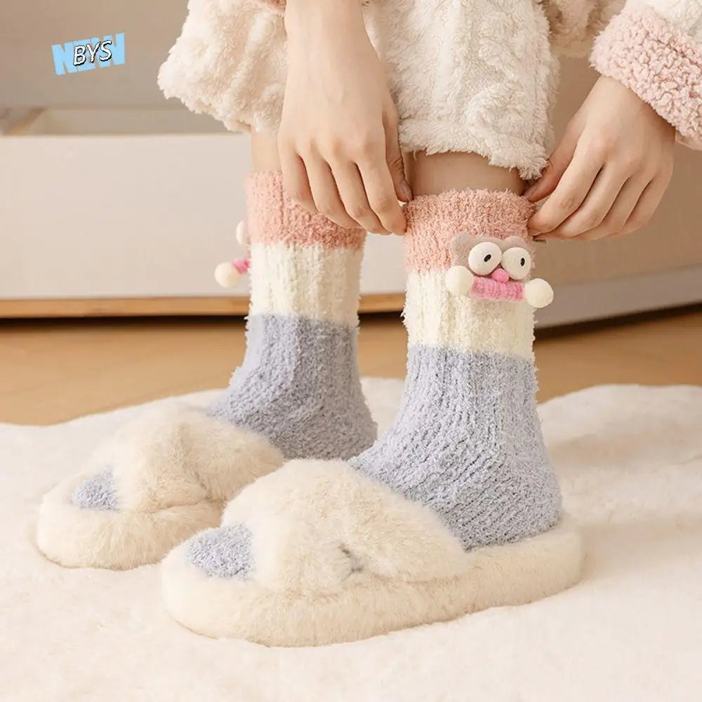 Novelty Thicken Cartoon Plush Socks Non-Slip Indoor Hosiery 3D Eyes Sleeping Socks Home Thermal Warm Socks Gifts