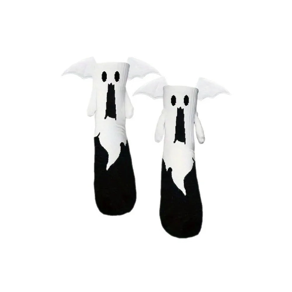 Unique Novelty Halloween Socks Breathable Bat Pattern Magnetic Socks Mid-calf Length Hand-holding Design Couple Socks Cosplay