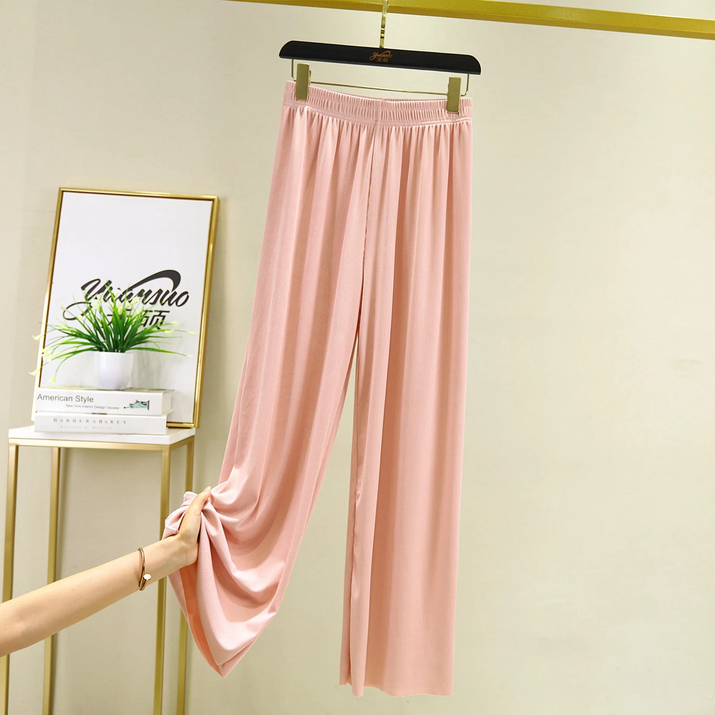Spring Summer New Ice Silk Large Size Wide Leg Pants Korean Casual Home Pant Solid Color Pajamas Trousers Women Pantalones