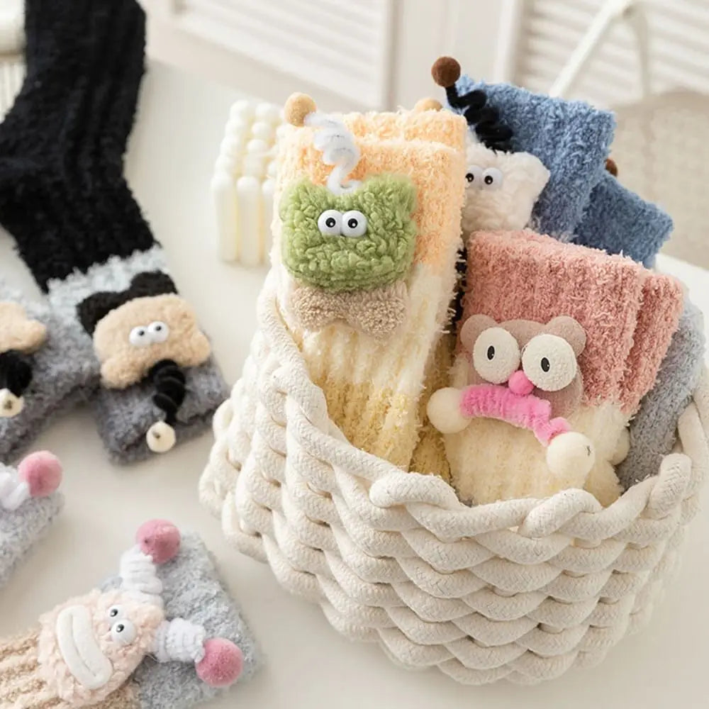 Novelty Thicken Cartoon Plush Socks Non-Slip Indoor Hosiery 3D Eyes Sleeping Socks Home Thermal Warm Socks Gifts