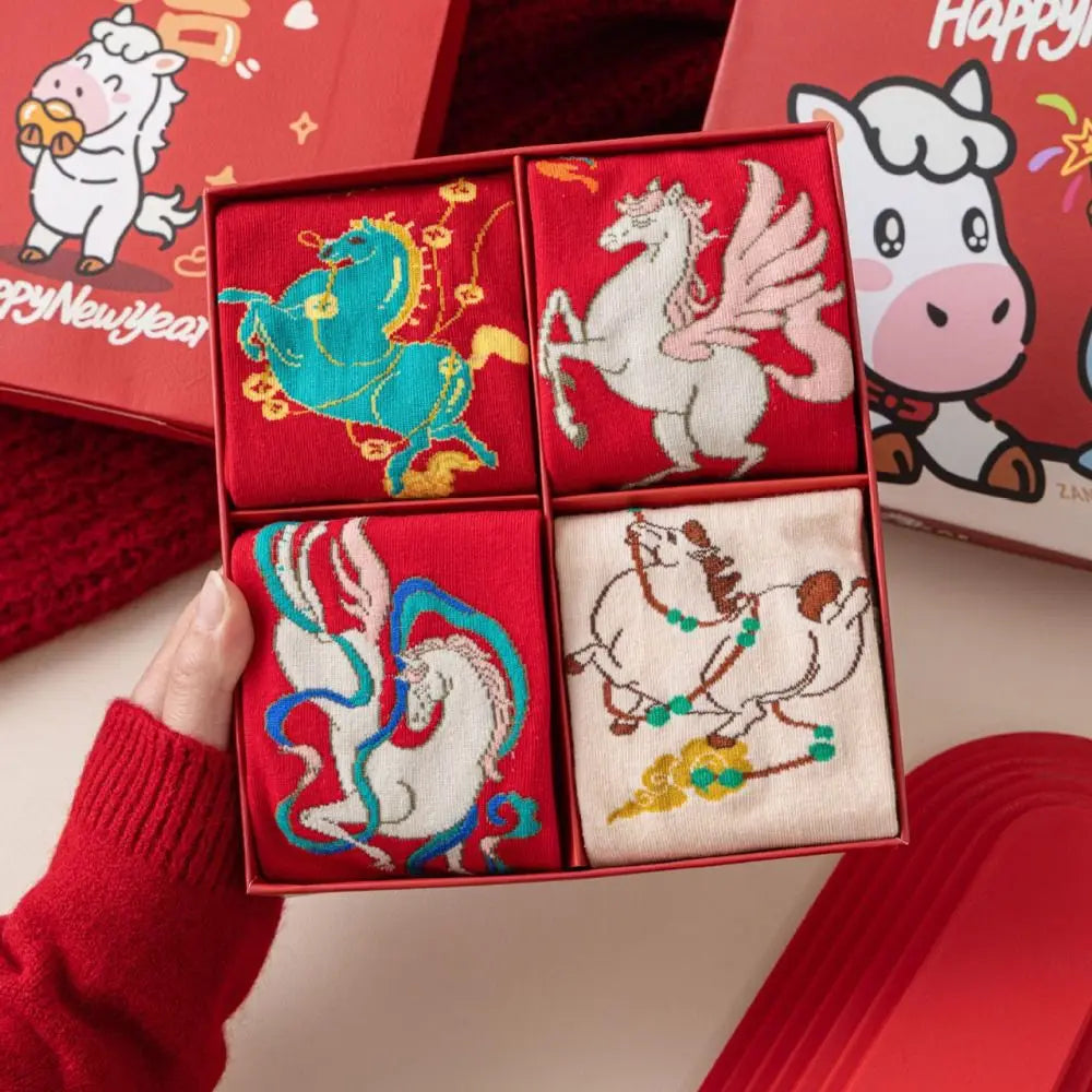 Novelty Good Luck New Year Red Socks Cotton Cartoon Letter Good Luck Socks Funny Mid Tube Women Festival Socks Autumn Winter
