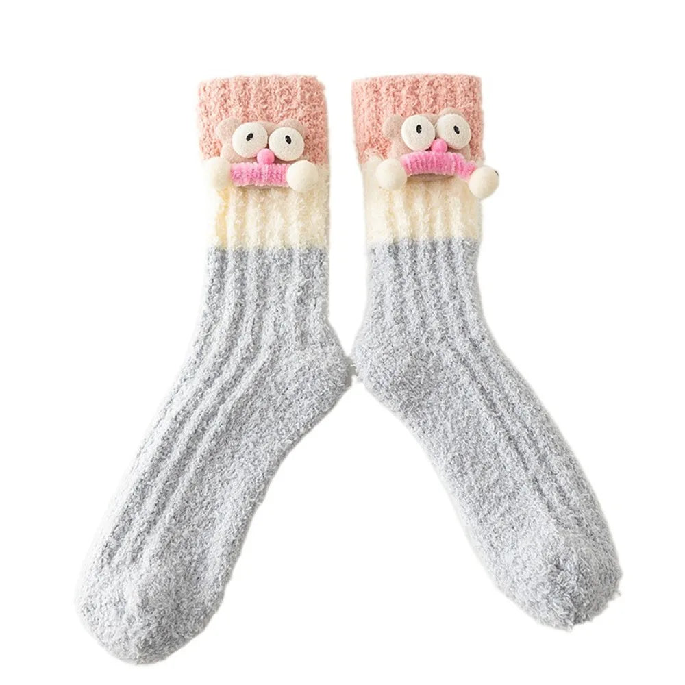 Novelty Thicken Cartoon Plush Socks Non-Slip Indoor Hosiery 3D Eyes Sleeping Socks Home Thermal Warm Socks Gifts
