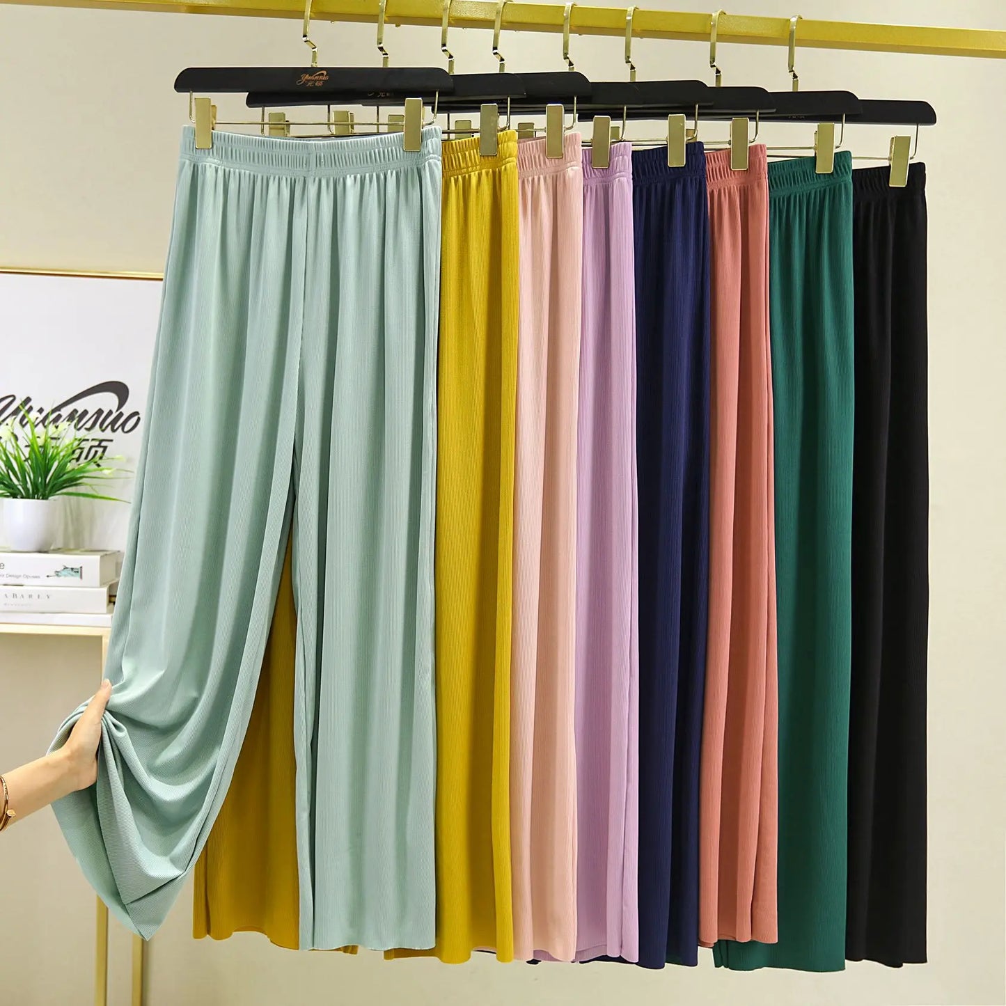 Spring Summer New Ice Silk Large Size Wide Leg Pants Korean Casual Home Pant Solid Color Pajamas Trousers Women Pantalones