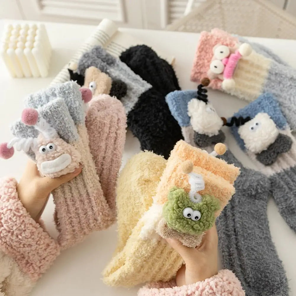Novelty Thicken Cartoon Plush Socks Non-Slip Indoor Hosiery 3D Eyes Sleeping Socks Home Thermal Warm Socks Gifts