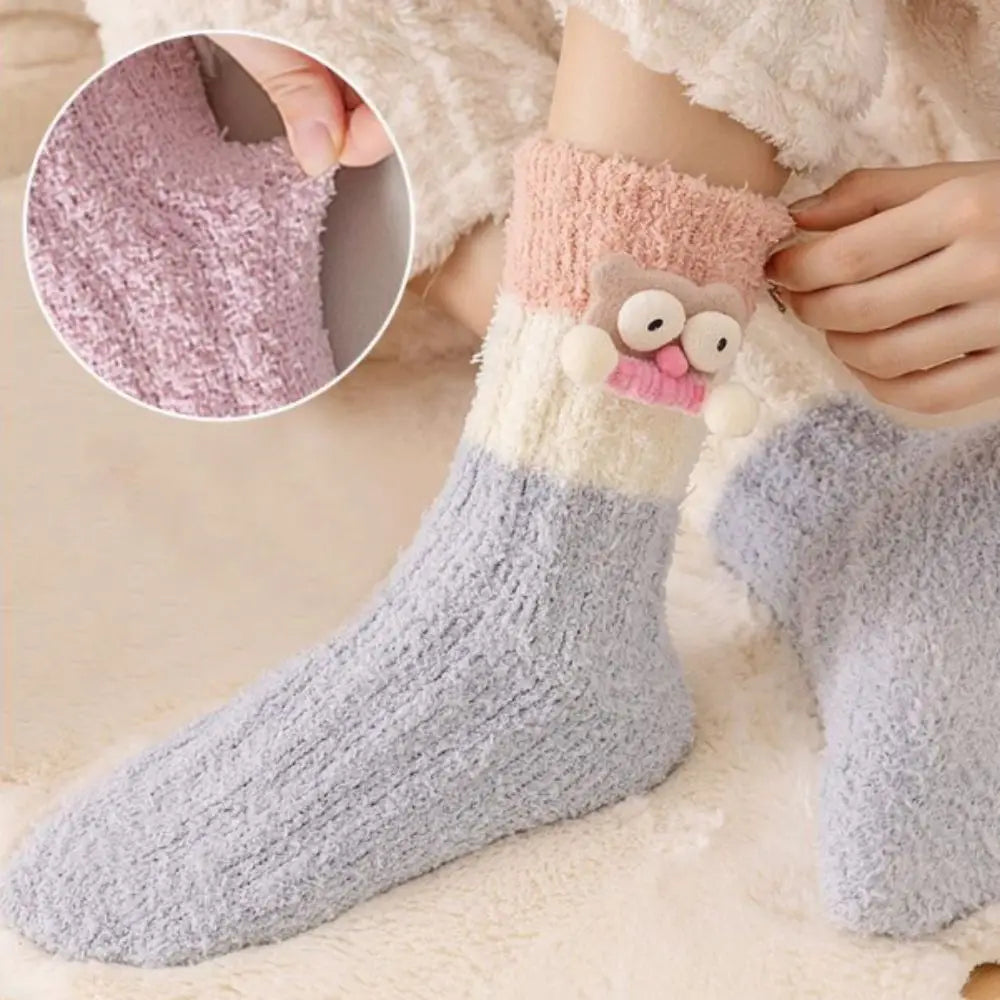 Novelty Thicken Cartoon Plush Socks Non-Slip Indoor Hosiery 3D Eyes Sleeping Socks Home Thermal Warm Socks Gifts