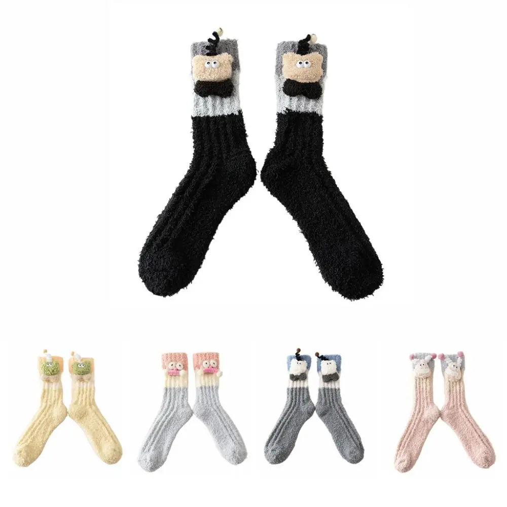 Novelty Thicken Cartoon Plush Socks Non-Slip Indoor Hosiery 3D Eyes Sleeping Socks Home Thermal Warm Socks Gifts