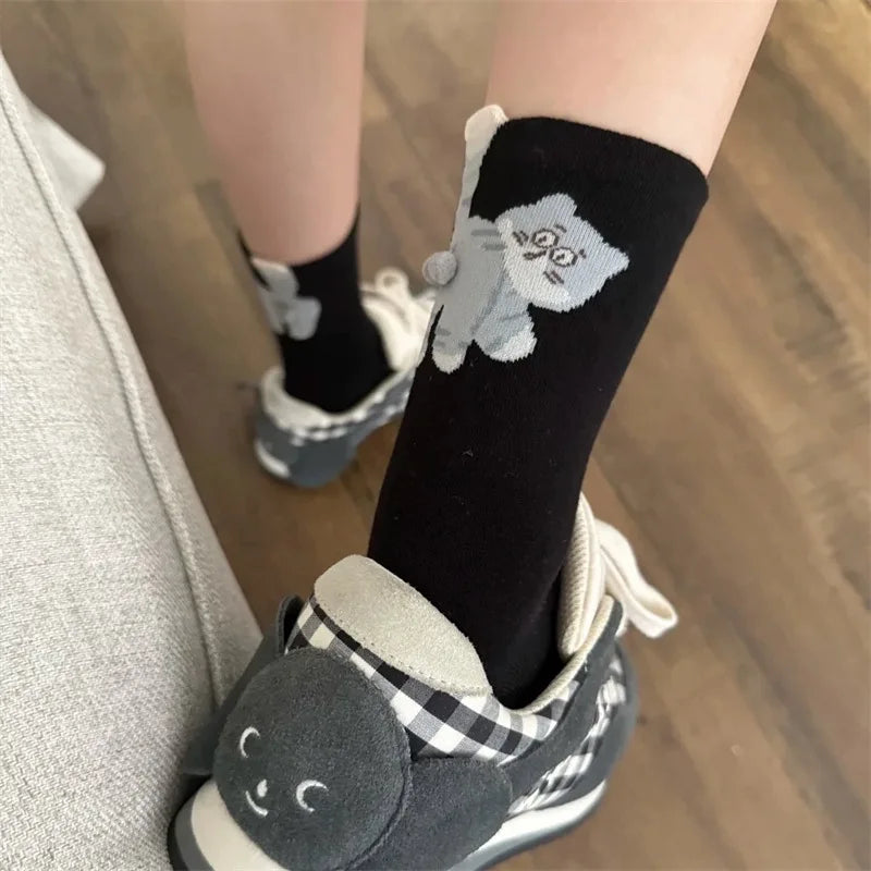 3D Cute Cat Socks Black/White Funny Cat Cotton Socks Breathable Soft Girl Women Novelty Stocking Kawaii Gift Sock Set