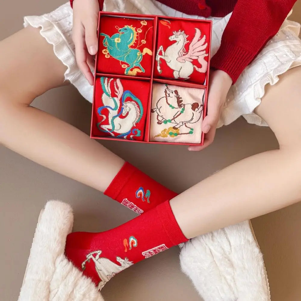 Novelty Good Luck New Year Red Socks Cotton Cartoon Letter Good Luck Socks Funny Mid Tube Women Festival Socks Autumn Winter