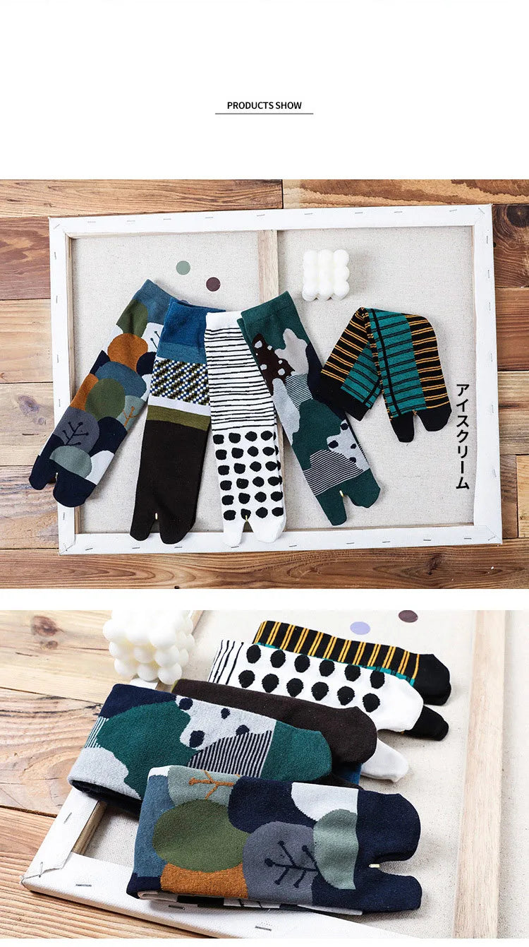 Novelty Tabi Socks Two Toed Sock Japanese Style Cartoon Plants Tree Art Sock Harajuku Cotton Long Two Finger Socks Men Fashions