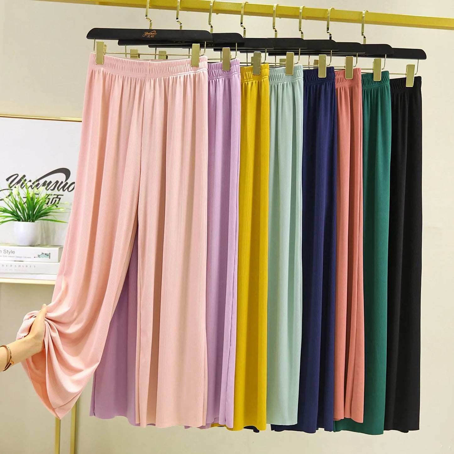 Spring Summer New Ice Silk Large Size Wide Leg Pants Korean Casual Home Pant Solid Color Pajamas Trousers Women Pantalones