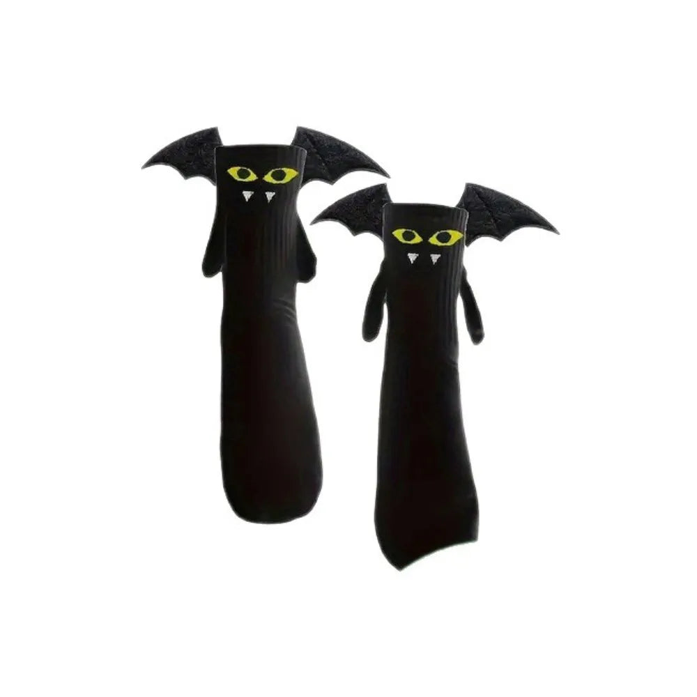 Unique Novelty Halloween Socks Breathable Bat Pattern Magnetic Socks Mid-calf Length Hand-holding Design Couple Socks Cosplay