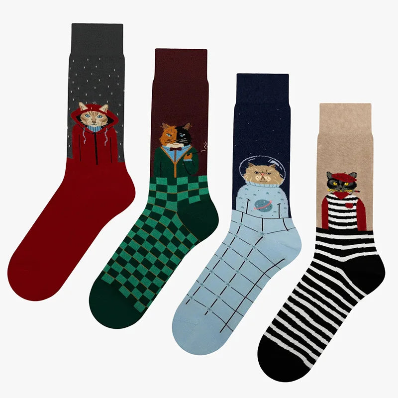 Novelty Funny Cartoon Elegant Cat Crew Socks Cotton Unisex Fashion Street Skateboard Stockings Women Men Couple Long Socks Gifts