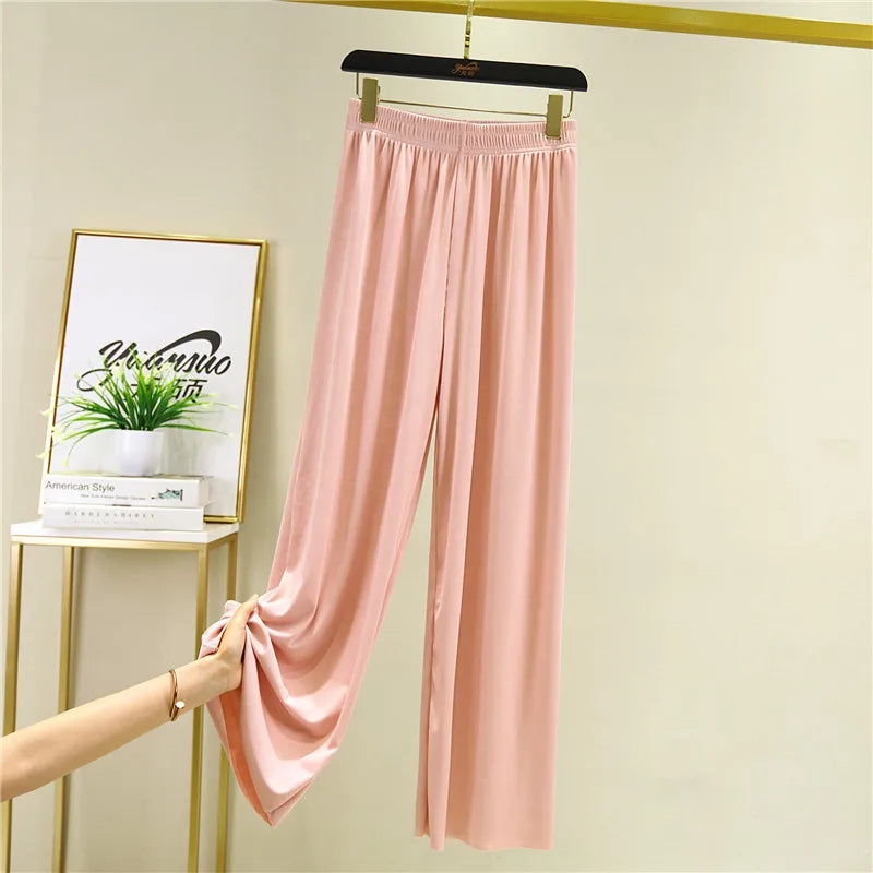 Spring Summer New Ice Silk Large Size Wide Leg Pants Korean Casual Home Pant Solid Color Pajamas Trousers Women Pantalones