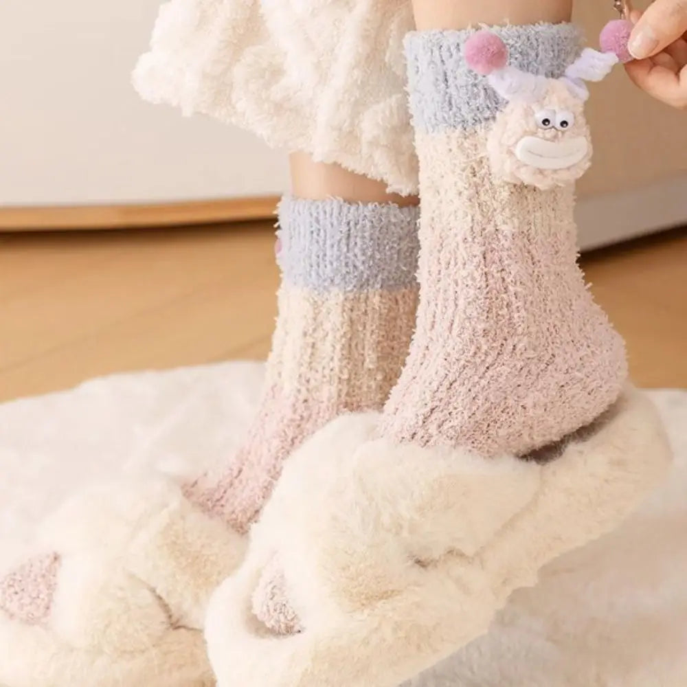 Novelty Thicken Cartoon Plush Socks Non-Slip Indoor Hosiery 3D Eyes Sleeping Socks Home Thermal Warm Socks Gifts