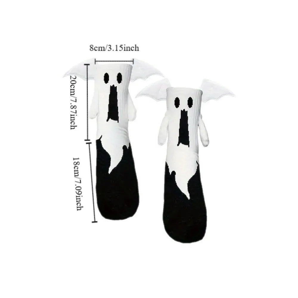 Unique Novelty Halloween Socks Breathable Bat Pattern Magnetic Socks Mid-calf Length Hand-holding Design Couple Socks Cosplay