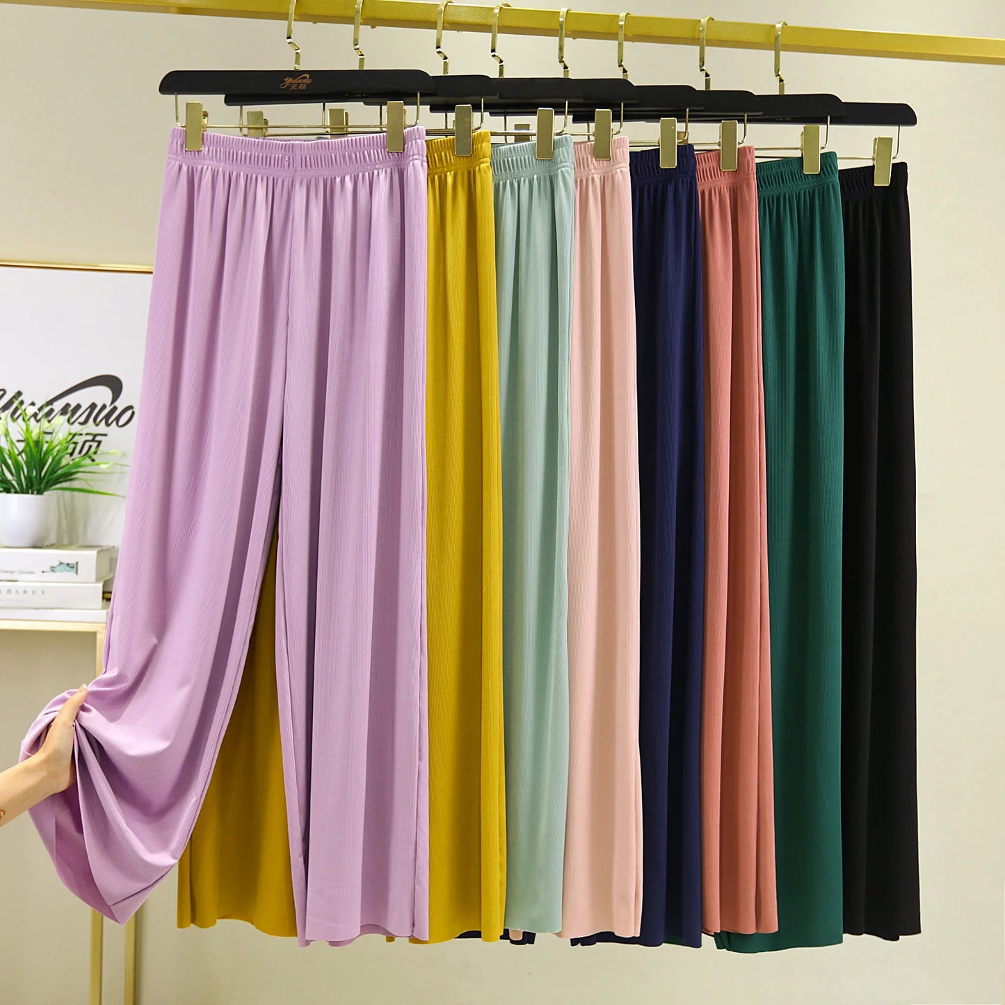 Spring Summer New Ice Silk Large Size Wide Leg Pants Korean Casual Home Pant Solid Color Pajamas Trousers Women Pantalones