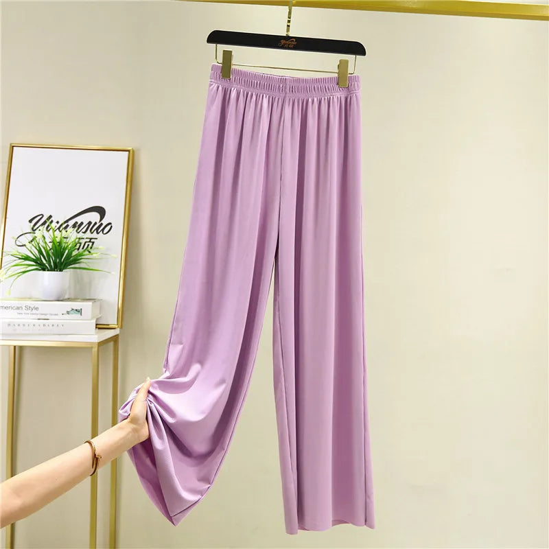 Spring Summer New Ice Silk Large Size Wide Leg Pants Korean Casual Home Pant Solid Color Pajamas Trousers Women Pantalones