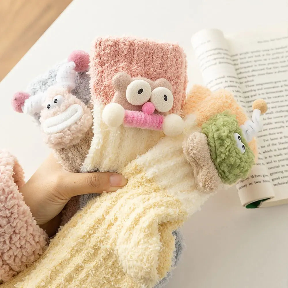 Novelty Thicken Cartoon Plush Socks Non-Slip Indoor Hosiery 3D Eyes Sleeping Socks Home Thermal Warm Socks Gifts