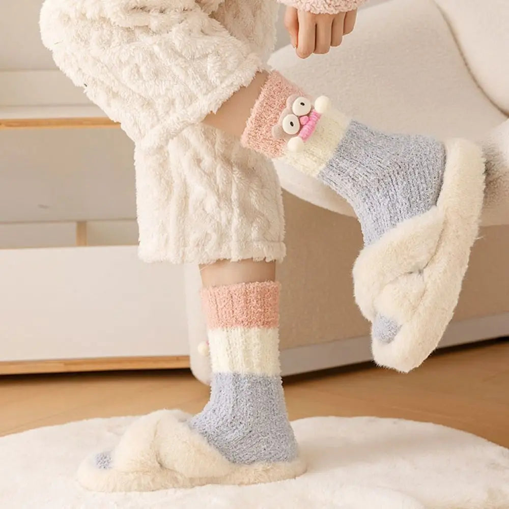 Novelty Thicken Cartoon Plush Socks Non-Slip Indoor Hosiery 3D Eyes Sleeping Socks Home Thermal Warm Socks Gifts
