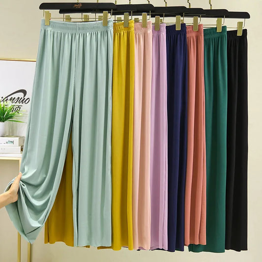 Spring Summer New Ice Silk Large Size Wide Leg Pants Korean Casual Home Pant Solid Color Pajamas Trousers Women Pantalones