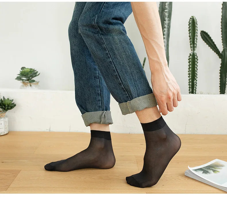 10pairs Men Ultra-thin Transparent Ice Silk Socks Summer Socks Solid Business Socks Breathable Soft Socks Ankle Socks